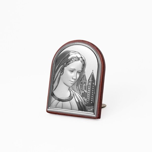 Icona Sacra Ad Arcata in Argento Laminato Con Retro In Legno da Appoggio e Muro