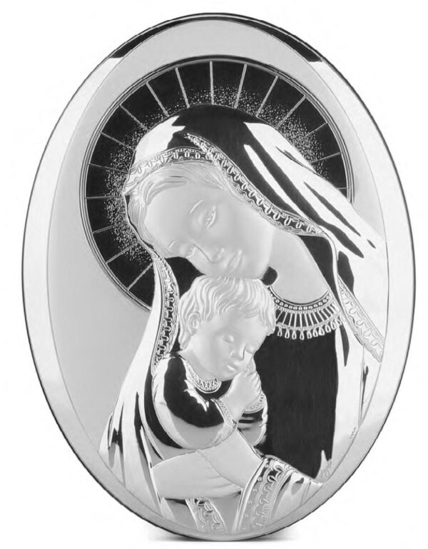 Icona Sacra Madonna con Bambino Capezzale Ovale da Muro Argentato e Colorato