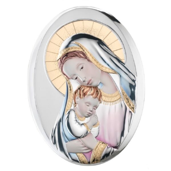 Icona Sacra Madonna con Bambino Capezzale Ovale da Muro Argentato e Colorato