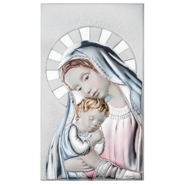 Icona Sacra Madonna con Bambino Sfondo Sabbiato Laminato Colorato misure 19x33 cm Icone Sacre Albalu Bomboniere