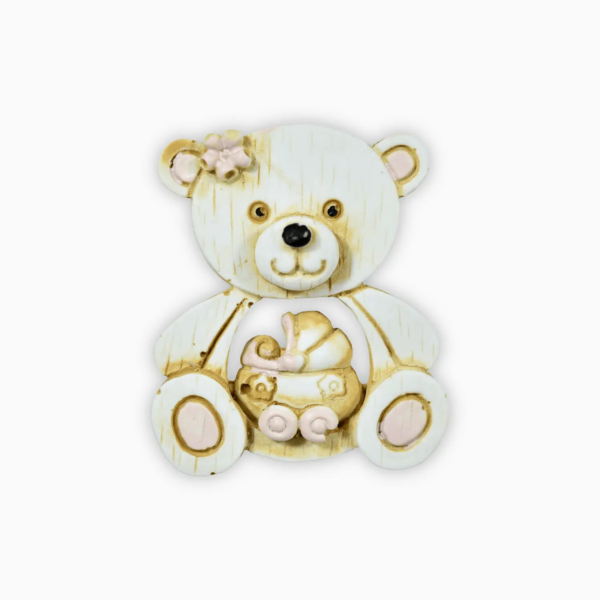 Magnete a Forma di Orsetto con Carrozzina in Resina Decorata per Bimbo e Bimba a Tema Nascita e Battesimo