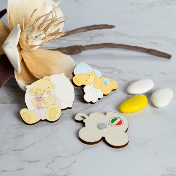 Magneti Nascita e Battesimo per Confettata e Segnaposto in Legno a Tema Orsacchiotti Piccoli Magneti Albalu Bomboniere