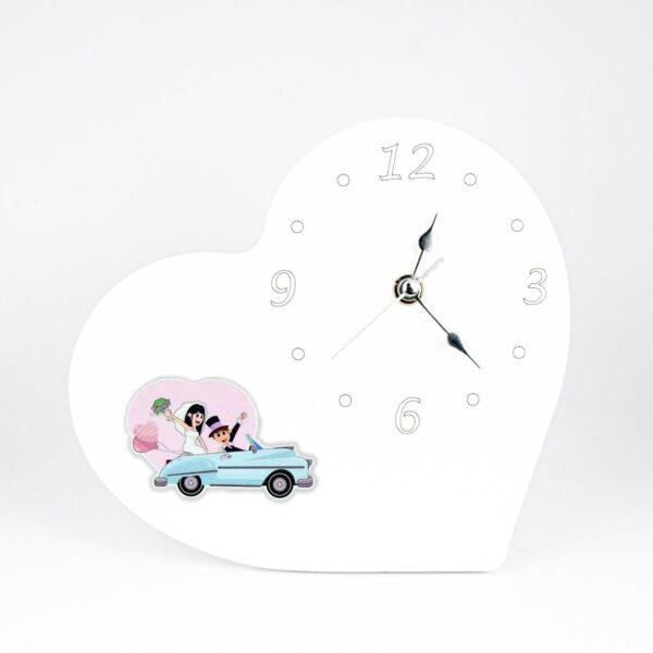 Orologio Matrimonio in Legno Laccato Bianco a Forma di Cuore con Applicazione Sposini