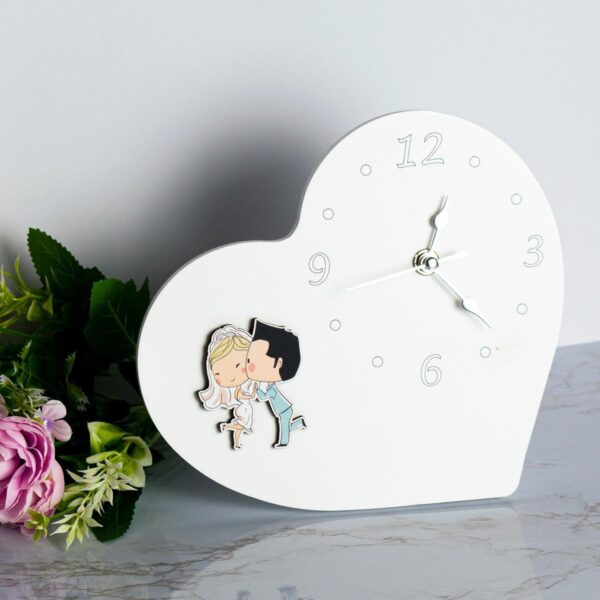 Orologio Matrimonio in Legno Laccato Bianco a Forma di Cuore con Applicazione Sposini Orologi Albalu Bomboniere
