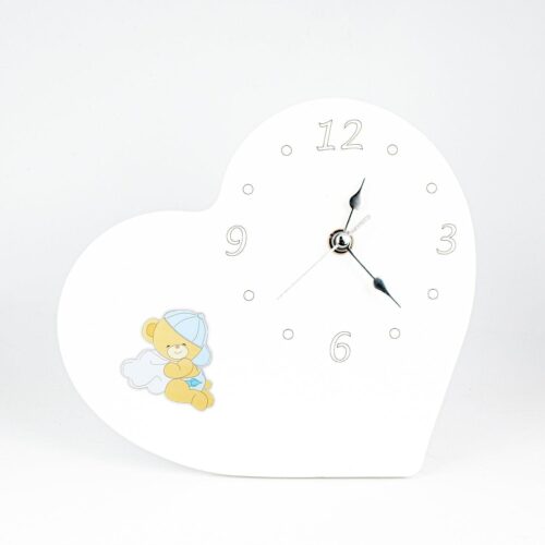 Orologio Nascita e Battesimo in Legno Laccato Bianco a Forma di Cuore con Applicazione Orsetti