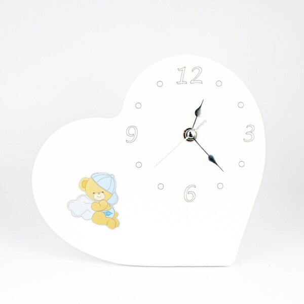 Orologio Nascita e Battesimo in Legno Laccato Bianco a Forma di Cuore con Applicazione Orsetti