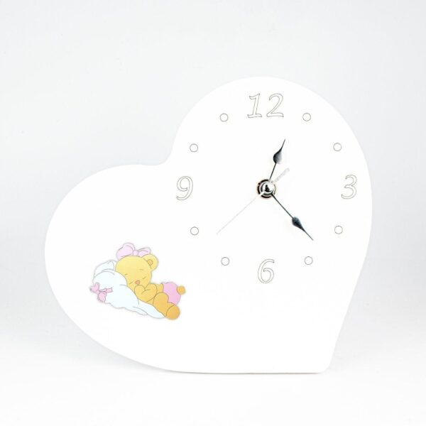 Orologio Nascita e Battesimo in Legno Laccato Bianco a Forma di Cuore con Applicazione Orsetti