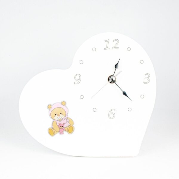 Orologio Nascita e Battesimo in Legno Laccato Bianco a Forma di Cuore con Applicazione Orsetti