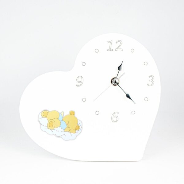 Orologio Nascita e Battesimo in Legno Laccato Bianco a Forma di Cuore con Applicazione Orsetti