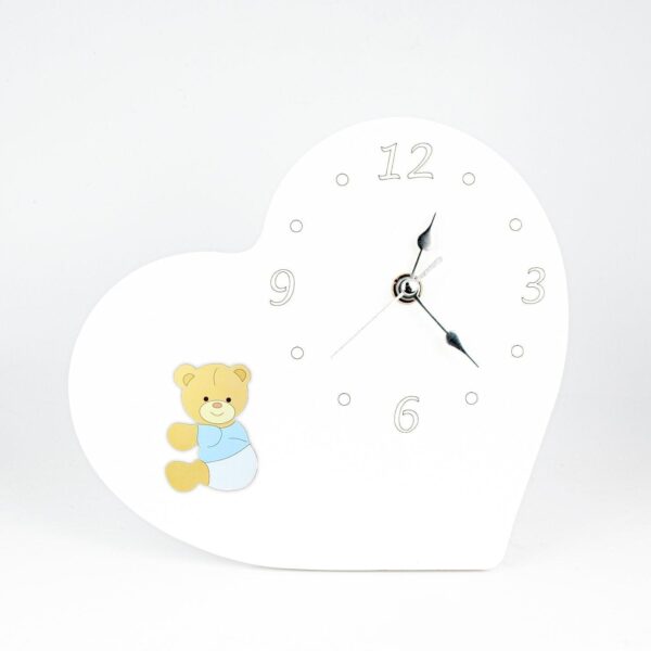 Orologio Nascita e Battesimo in Legno Laccato Bianco a Forma di Cuore con Applicazione Orsetti