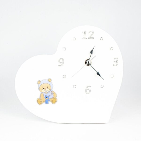 Orologio Nascita e Battesimo in Legno Laccato Bianco a Forma di Cuore con Applicazione Orsetti