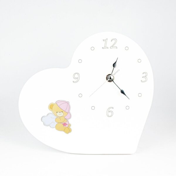 Orologio Nascita e Battesimo in Legno Laccato Bianco a Forma di Cuore con Applicazione Orsetti