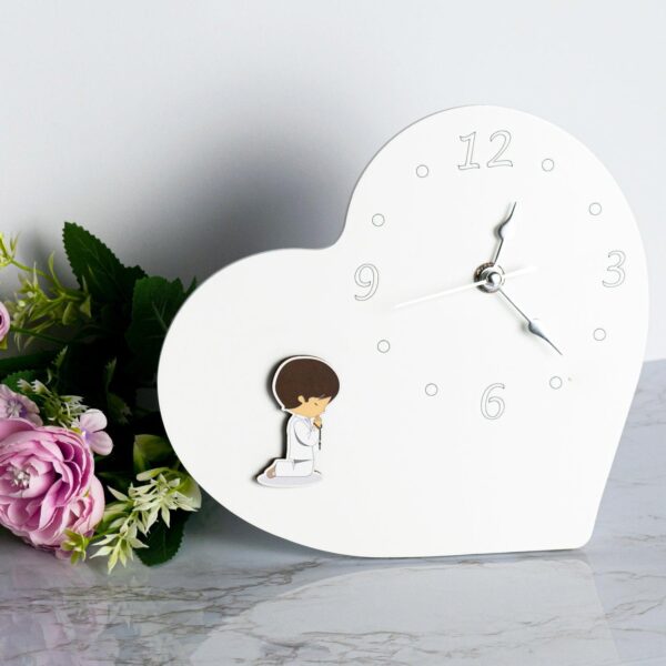 Orologio Nascita e Battesimo in Legno Laccato Bianco a Forma di Cuore con Applicazione Orsetti Orologi Albalu Bomboniere