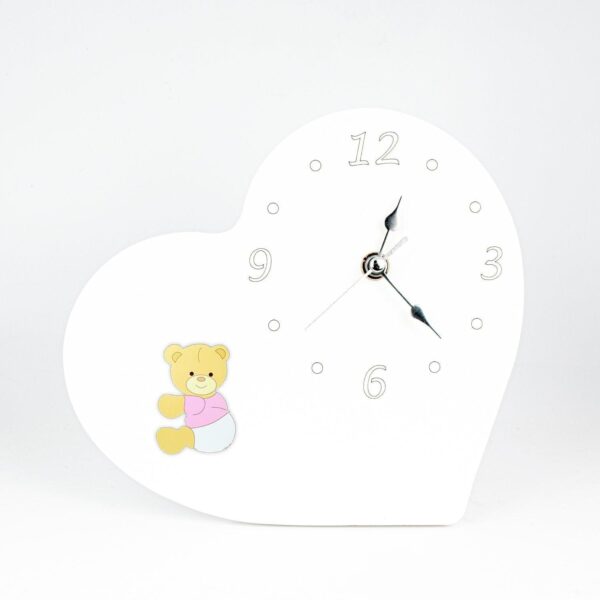 Orologio Nascita e Battesimo in Legno Laccato Bianco a Forma di Cuore con Applicazione Orsetti