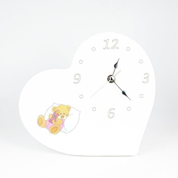 Orologio Nascita e Battesimo in Legno Laccato Bianco a Forma di Cuore con Applicazione Orsetti