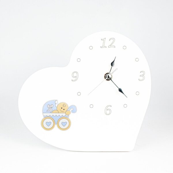 Orologio Nascita e Battesimo in Legno Laccato Bianco a Forma di Cuore con Applicazione Orsetti