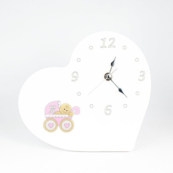 Orologio Nascita e Battesimo in Legno Laccato Bianco a Forma di Cuore con Applicazione Orsetti