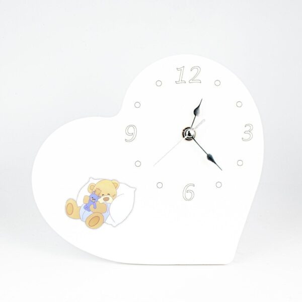 Orologio Nascita e Battesimo in Legno Laccato Bianco a Forma di Cuore con Applicazione Orsetti