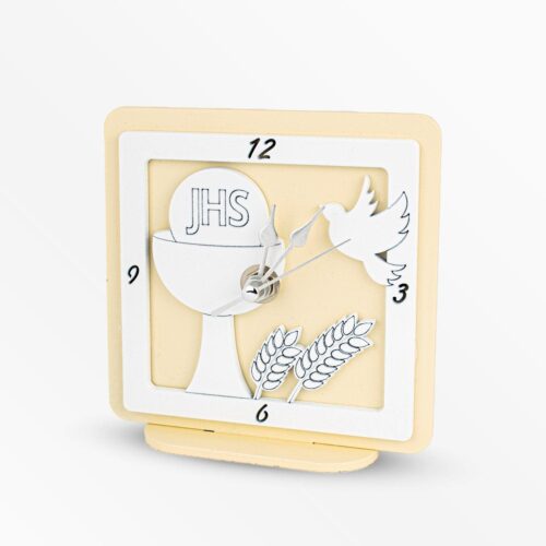 Orologio Quadrato in Legno Laccato Bianco e Panna a Tema Comunione Eucarestia Orologi Albalu Bomboniere
