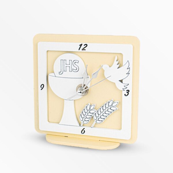 Orologio Quadrato in Legno Laccato Bianco e Panna a Tema Comunione Eucarestia Orologi Albalu Bomboniere