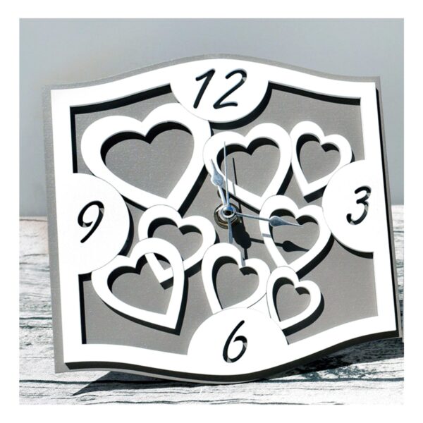 Bomboniera Orologio Farfalle Cuori e Fiori In Legno bianco su Base Tortora