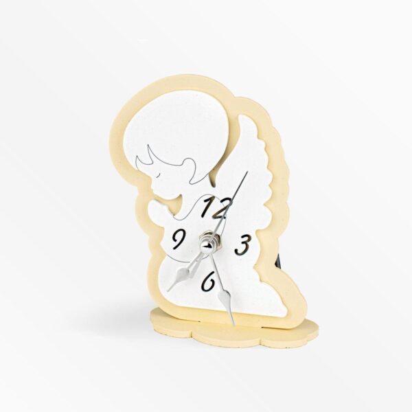 Orologio in Legno Colorato a Forma di Angioletto in Preghiera Celeste Rosa e Panna