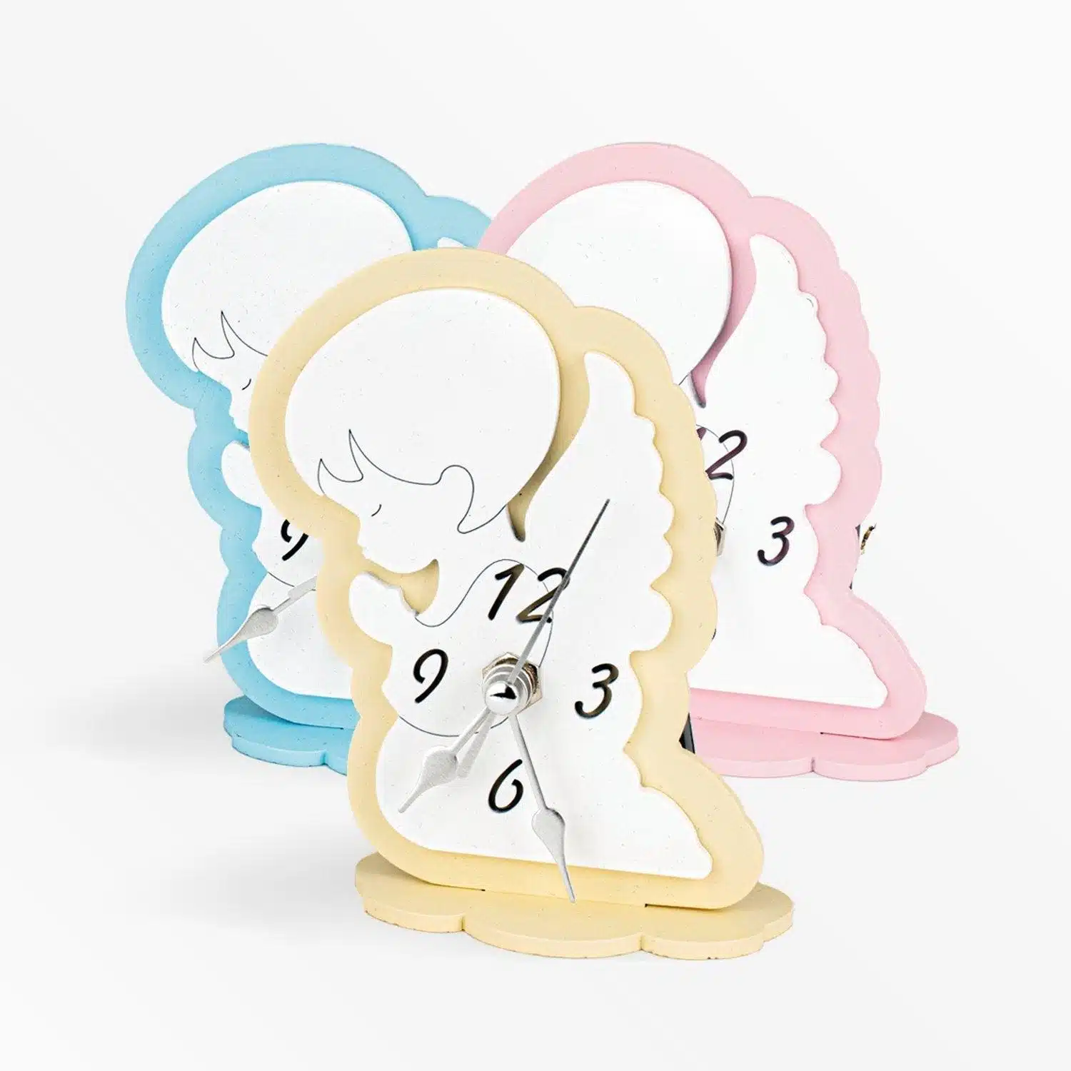 Orologio in Legno Colorato a Forma di Angioletto in Preghiera Celeste Rosa e Panna Orologi Albalu Bomboniere