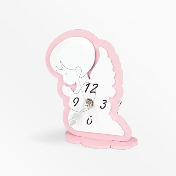 Orologio in Legno Colorato a Forma di Angioletto in Preghiera Celeste Rosa e Panna