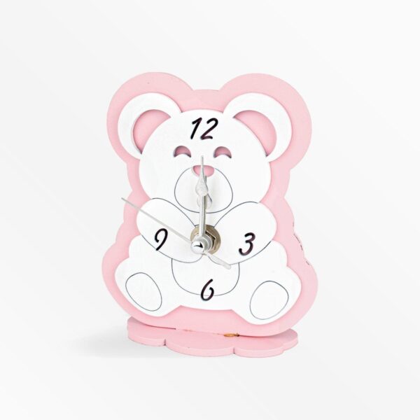 Orologio in Legno Colorato a Forma di Orsacchiotto Celeste Rosa e Panna