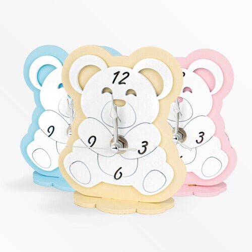Orologio in Legno Colorato a Forma di Orsacchiotto Celeste Rosa e Panna Orologi Albalu Bomboniere