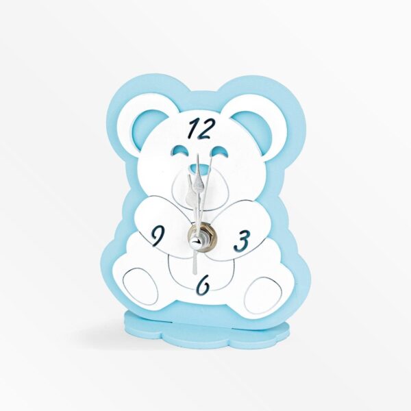 Orologio in Legno Colorato a Forma di Orsacchiotto Celeste Rosa e Panna