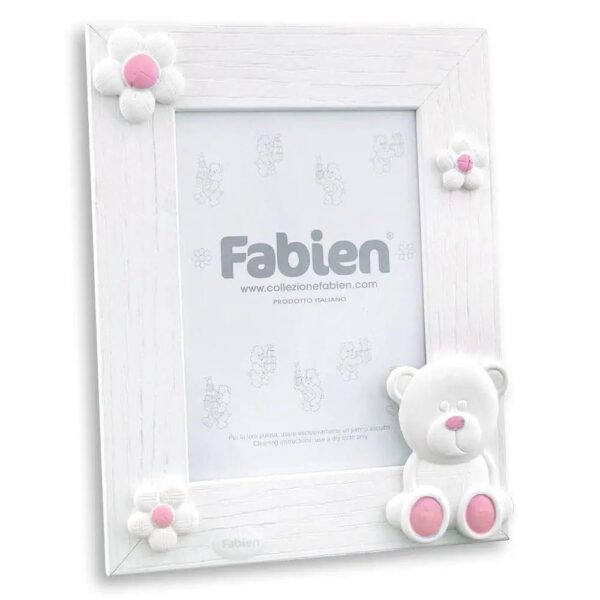 Portafoto Legno Nascita Bimba Orsetto con Fiori Rosa