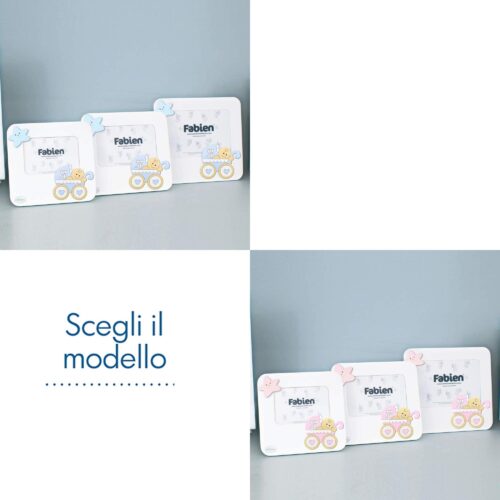 Portafoto Prima Infanzia Bianco Con Applicazione Carrozzina In Legno Linea Bear Colorata Cornici Portafoto Albalu Bomboniere