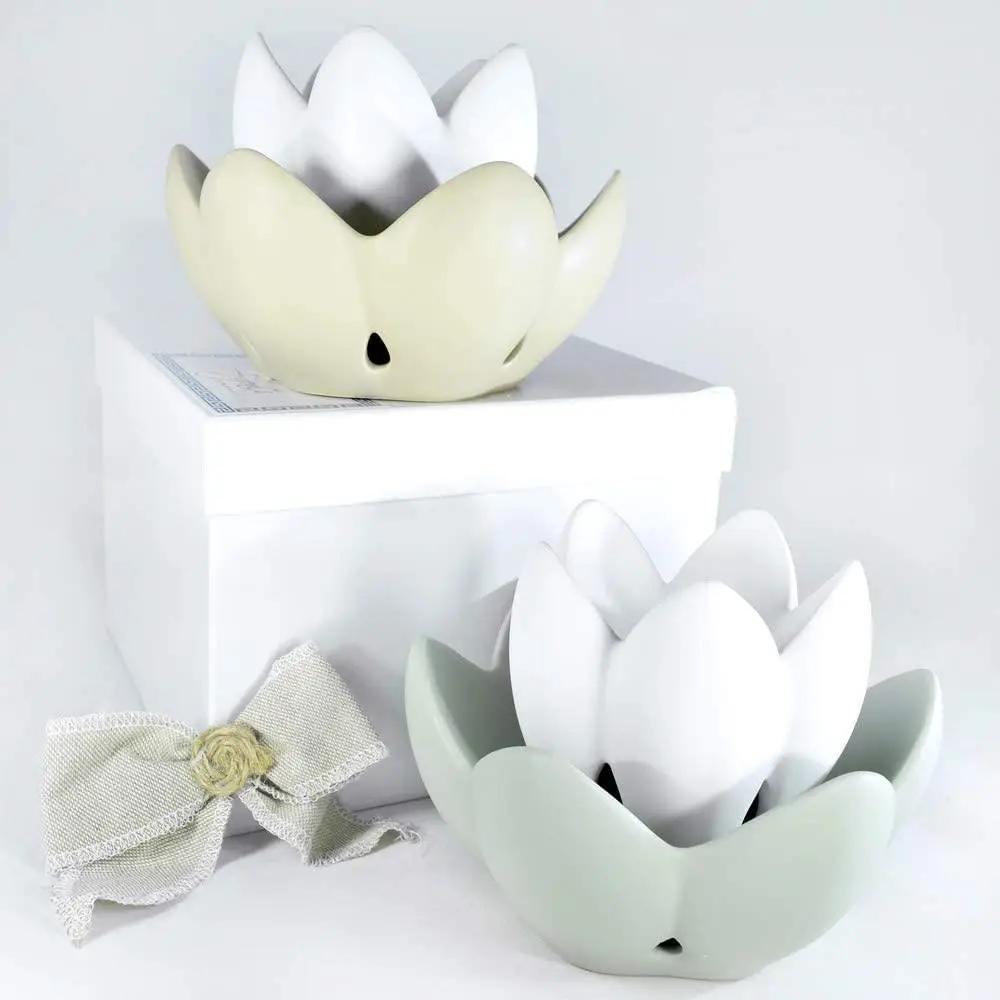 Profumatore Brucia Essenze per Ambienti in Ceramica a Forma di Ninfea Colore Panna e Bianca con Candela Tea Light Profumatori Albalu Bomboniere