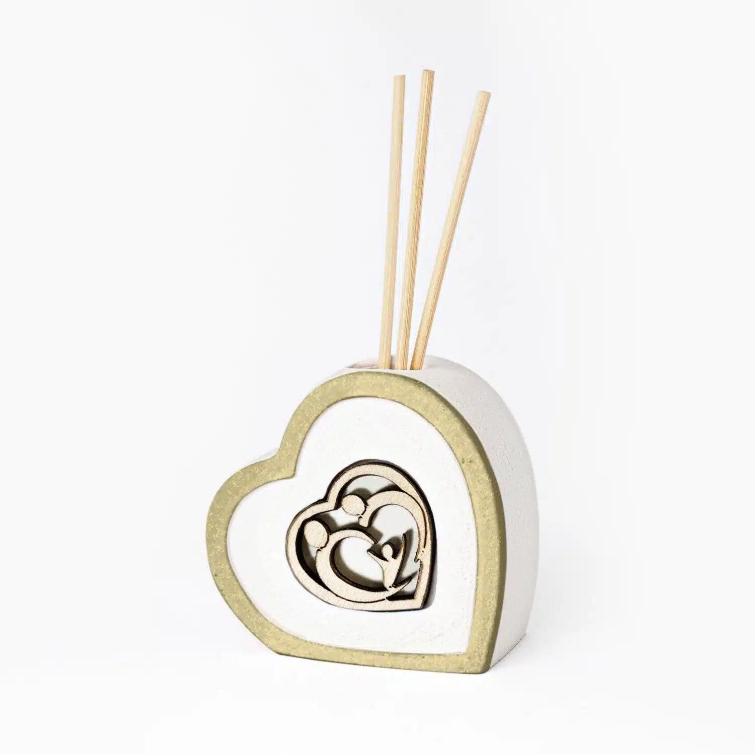 Profumatore a Forma di Cuore in Resina Colorata con Applicazione in Legno Sacra Famiglia