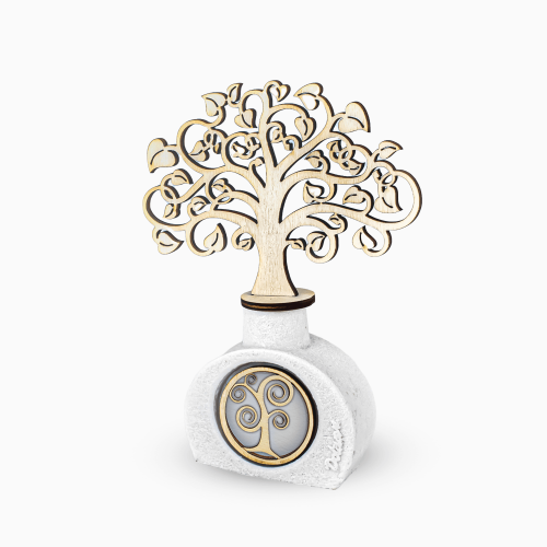 Bomboniera albero della vita profumatore in resina effetto marmo con albero in legno sagomato e medaglione centrale, 14,5 cm