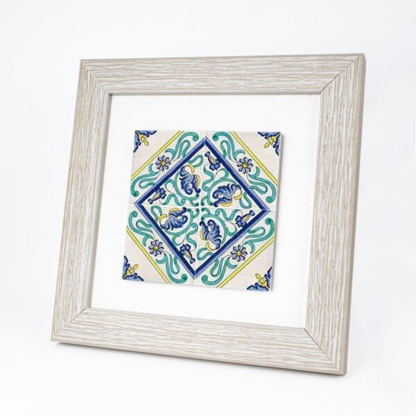 Quadretto in Legno con Piastrella Maiolica in Gres Porcellanato e Cornice Bianca Quadrata