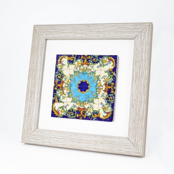 Quadretto in Legno con Piastrella Maiolica in Gres Porcellanato e Cornice Bianca Quadrata
