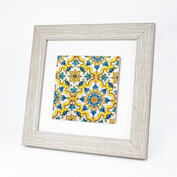 Quadretto in Legno con Piastrella Maiolica in Gres Porcellanato e Cornice Bianca Quadrata