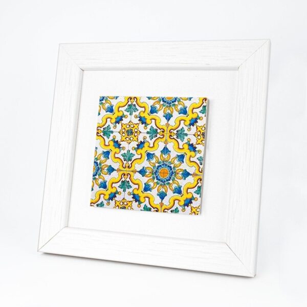 Quadretto in Legno con Piastrella Maiolica in Gres Porcellanato e Cornice Bianca Quadrata