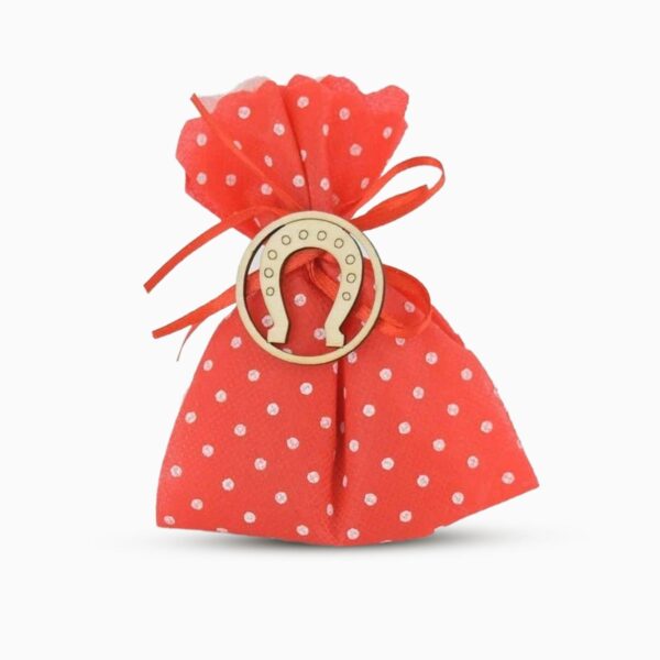 Sacchetti Porta Confetti Rosso a Pois E Applicativi in Legno Confetti inlcusi