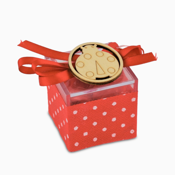 Scatolina Portaconfetti in Plex Rivestita con Tessuto Rosso A Pois e Applicazione in Legno a Coccinella con Nastrino Portaconfetti Albalu Bomboniere