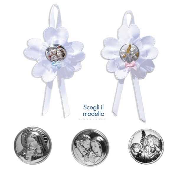 Sopraculla Azzurro o Rosa con Placchetta Sacra in Argento Laminato e Carillon Sopraculla e Nastrini Albalu Bomboniere
