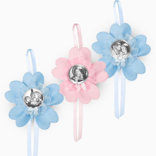 Sopraculla Celeste o Rosa con Placchetta Sacra in Argento Laminato Sopraculla e Nastrini Albalu Bomboniere