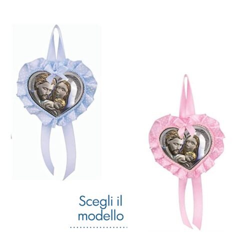 Sopraculla con Cuore Sacra Famiglia Argento Laminato Colorato Sopraculla e Nastrini Albalu Bomboniere