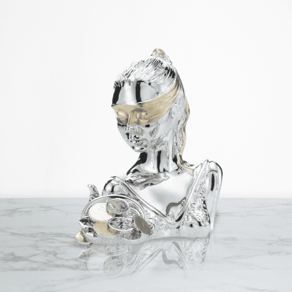 Statua Mezzo Busto della Dea Bendata Portafortuna in Resina Argentata con Cornucopia di Soldi Oro e Argento Resina Argentata Albalu Bomboniere