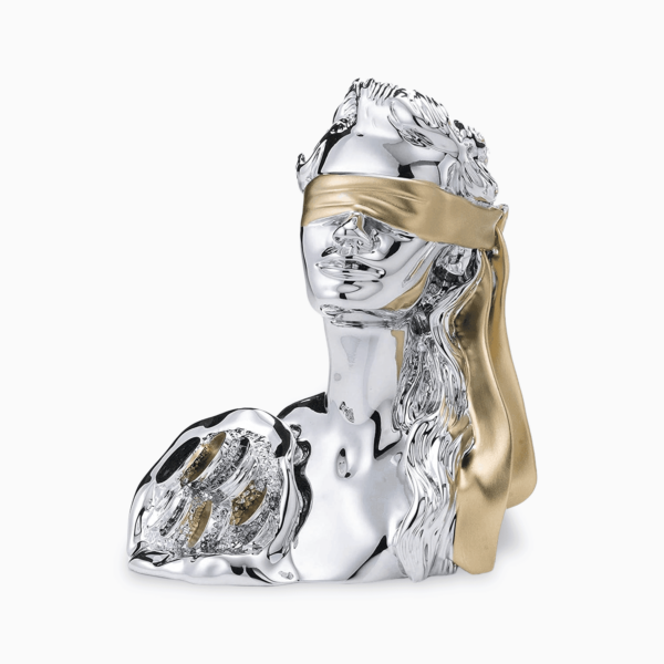 Statua Mezzo Busto della Dea Bendata Portafortuna in Resina Argentata con Sacco di Soldi Oro e Argento Resina Argentata Albalu Bomboniere