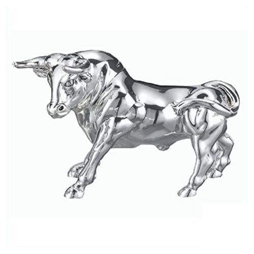 Statua Toro in Resina Argentata Lucida Corrida