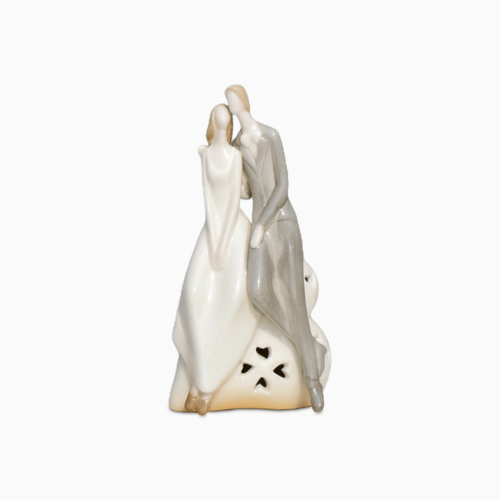 Statuetta Lanterna a Tema Coppia in Porcellana con LED interno e Dettagli Cuoricini Color Panna Tortora e Grigio