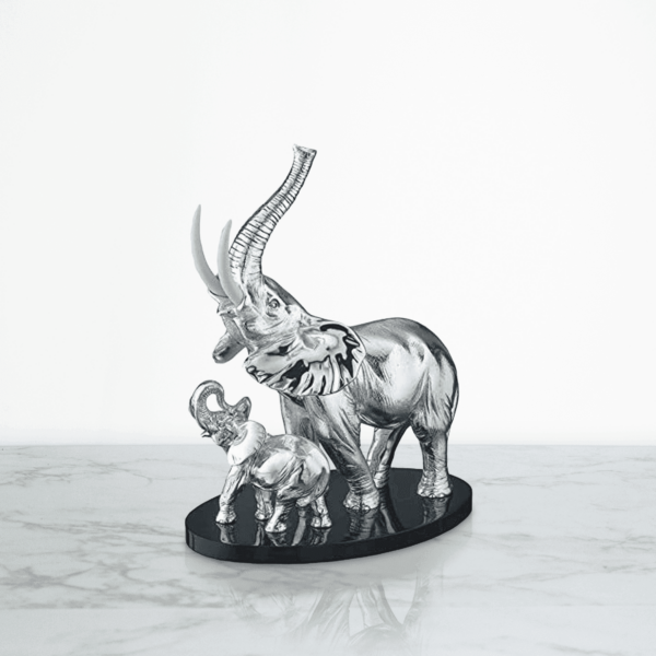 Statuetta Portafortuna in Resina Argentata con Elefante e Cucciolo su Base in Legno Laccato Nero Resina Argentata Albalu Bomboniere